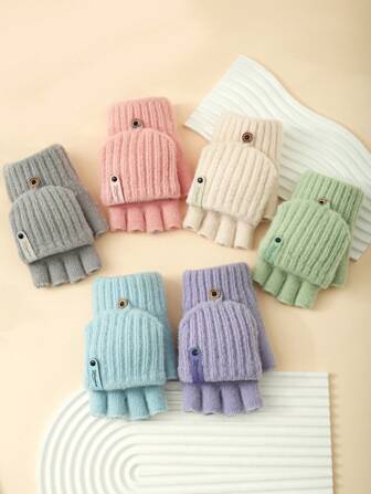 1 Pair Women's Cute Warm Cable Knit Cuff Solid Color Winter Gloves, Pink