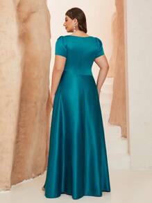 Mgiacy New Arrival V Neck Solid Color Bridesmaid Dress Ruched Puff Sleeve Satin Long Dress - Teal Blue - View 2