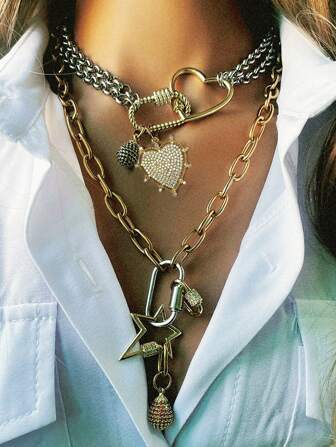 1Pc Chunky Twist Love Carabiner Double O Chain Necklace, Diamond Carabiner Necklace, Diamond Five-Pointed Star Carabiner Necklace, Diamond Multi-Color Water Drop Pendant, Exquisite And Unique, Is A Fashion Item Suitable For Women.