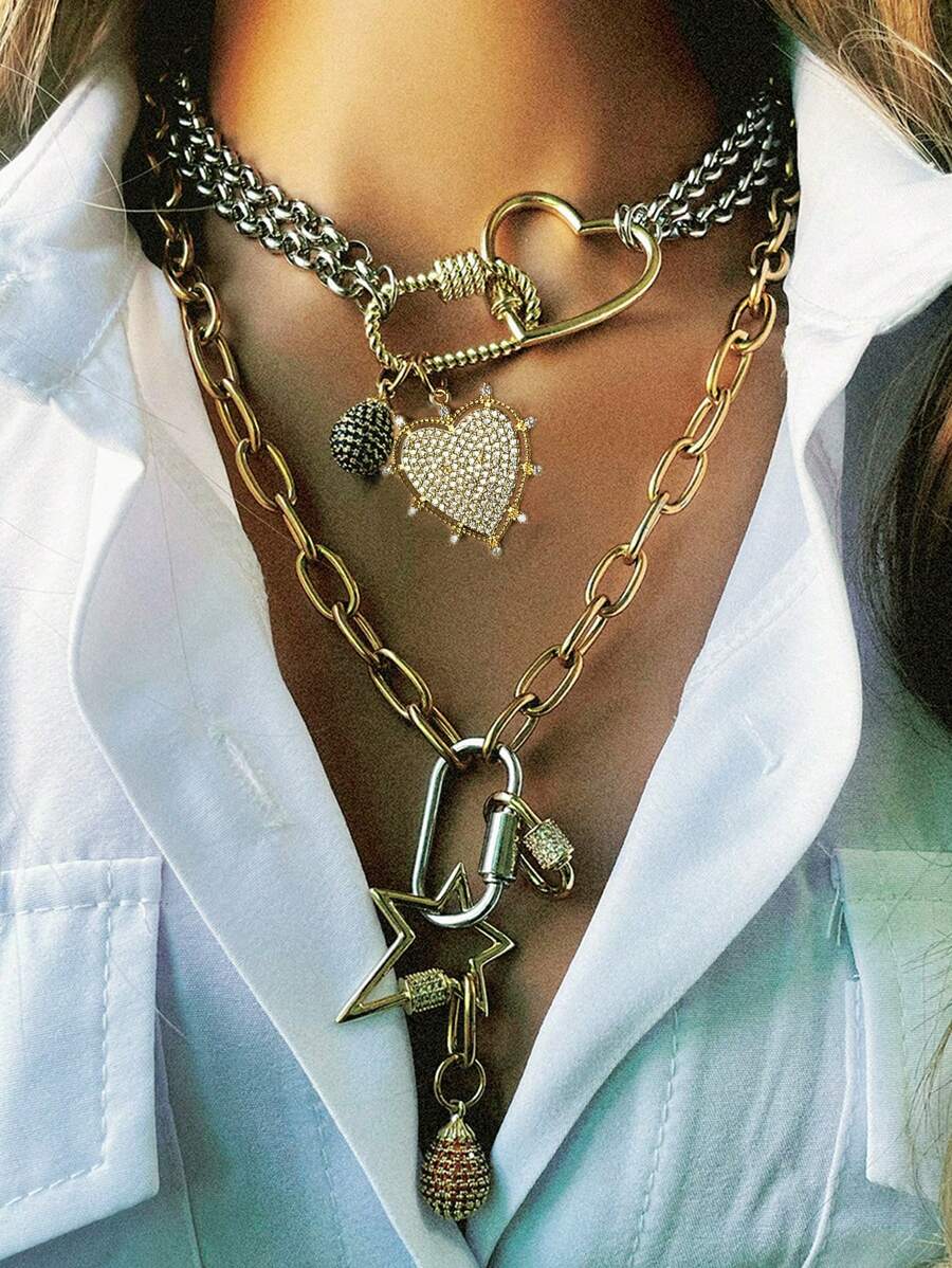 1Pc Women's Necklace With Diamond Heart, Star And Teardrop Pendants & Assorted Clasps. Exquisite Stylish Accessory Favored By Ladies. - Multicolor - View 1