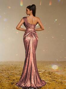 Elisanya 奢华金属露肩高开叉长款紧身晚礼服，优雅派对，女士舞会礼服，正式晚礼服，婚礼宾客礼服 - 粉色 - 查看 2