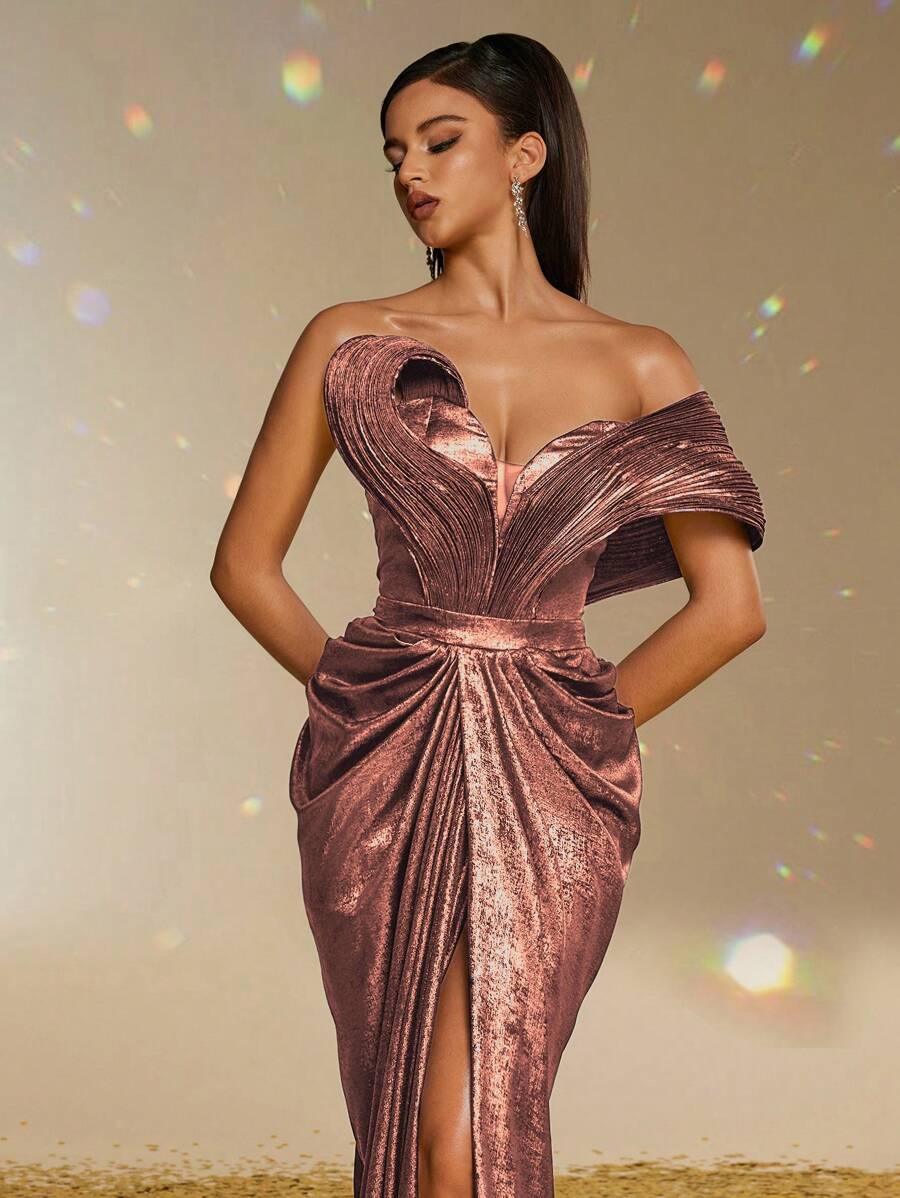 Elisanya 奢华金属露肩高开叉长款紧身晚礼服，优雅派对，女士舞会礼服，正式晚礼服，婚礼宾客礼服 - 粉色 - 查看 1