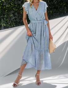 hoteel Women Summer Floral Casual V Neck Ruffle Sleeveless Midi Dress - Màu xanh nhạt - Xem 4