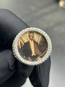 (Custom Made) 1pc Customized Round Photo Ring, Brass CZ Diamond Hip-Hop Style Signet Ring, Fashion Daily Accessory - Silver - View 14