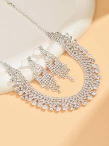 1 Set Including 1 Fully Rhinestone Necklace, 1 Pair Of Fully Rhinestone Tassel Earrings, 1 Hollow Fully Rhinestone Bracelet, Suitable For Evening Dresses And Versatile Accessories - Silver - View 7