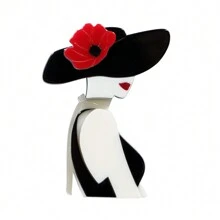 1pc Handmade Retro Modern Woman With Hat Acrylic Brooch, Vintage Cartoon Character Portrait Pins