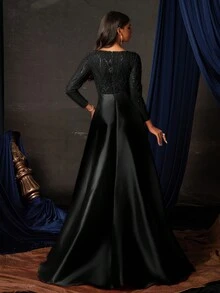 优雅黑色亮片长袖礼服，高开衩设计，及地长款正式礼服，女士舞会礼服，派对礼服，婚礼宾客礼服，春季晚礼服 - 黑色 - 查看 2