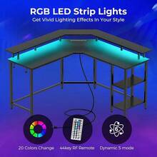 Rolanstar L Shaped Gaming Desk With LED Lights & Power Outlets, 46.2" Computer Desk With Full Monitor Stand & Storage Shelf, Corner Desk With Hooks, Carbon Fiber Desk Reversible - Black - View 6