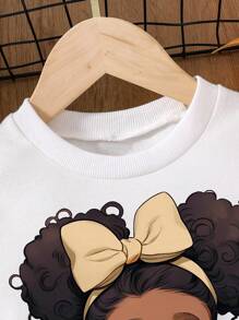 Tween Girls Cartoon Pattern Printed Round Neck Long Sleeve Top & Solid Color Pleated Skirt Set - White - View 3