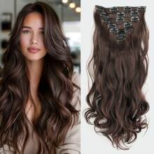 Extensiones de cabello sintético, set de 7 piezas con 16 clips, de color marrón mezclado con rubio, ondulado largo, resistente al calor, para uso diario, de fiesta y vacaciones de las mujeres