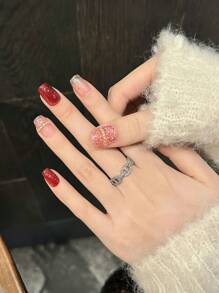 10PCS Gentle Short False Nails With Glitter Decor Odorless Provides A Comfortable Experience For Daily And Parties Wearing - Red - View 4