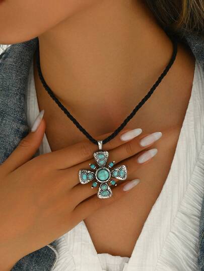 1 buc. Colier cu pandantiv în cruce în stil boem retro încrustat cu turcoaz, potrivit pentru ținuta de zi cu zi pentru femei