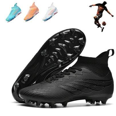 New Men's Match & Training Cleats Shoes, Anti-Slip AG Spikes Football Boots, Adults Breathable High-Top Soccer Shoes, Couples Outdoor Professional Grass Football Shoes, Lightweight Leather Upper Classic Black Sports Soccer Shoes