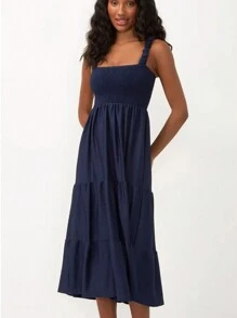 Vestido Midi de Alça larga com Lastex Cor Azul Listrado