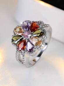 Tsnamer 1pc Elegant Floral Rainbow Colorful Cubic Zirconia Ring For Women Girl Daily Party Jewelry Gifts