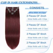 Extensiones de cabello humano con clip color vino tinto 99J, extensiones de cabello humano real liso con clip, 140g, 20 pulgadas, extensiones con clip rojas, extensiones de cabello virgen, juego de 8 piezas - S99JA - Ver 3