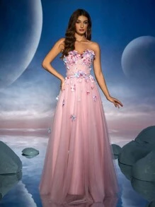 Đầm dạ hội Maxi thêu 3D không dây Anymoon, Đầm dự tiệc, Đầm dự tiệc cưới, Đầm trang trọng - Hồng - Xem 6