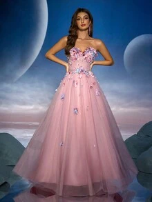 Đầm dạ hội Maxi thêu 3D không dây Anymoon, Đầm dự tiệc, Đầm dự tiệc cưới, Đầm trang trọng - Hồng - Xem 4