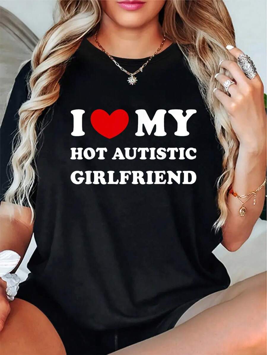 Camiseta 100 % algodón con la frase "Amo a mi novia autista sexy, amo a mi novia autista" - Negro - Ver 1