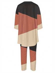 Plus Size Solid Color Patchwork Round Neck Long Sleeve Simple Top And Pants Casual Suit