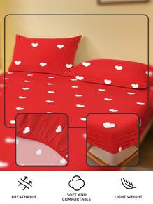 1件柔软舒适的床垫保护套，情人节礼物，卡通爱心和几何图案床单套装，可爱爱心设计床上用品套装，家居装饰，适用于单人床、双人床、大号床、特大号床，可机洗，通过Oeko-Tex认证 - 紅底白心 - 查看 7