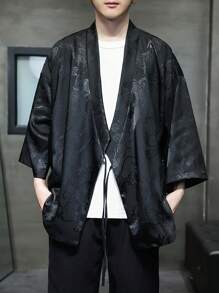 Unisex Summer Jacquard Shirt, Quarter Sleeve, Loose Fit Casual Hanfu Top With Dragon Pattern, Suitable As Yoga Wear, Sleepwear, Beachwear, Cardigan