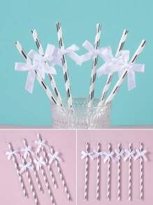 16支/8支装蝴蝶结纸吸管，粉色、绿色、银色、金色、紫色、浅蓝色一次性吸管，生日派对餐具，婚礼新娘礼物，性别揭晓派对装饰，房间和餐桌装饰，杯子装饰礼品，一次性餐具 - 彩色 - 查看 8