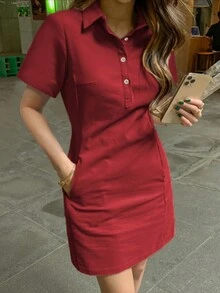 Spring/Summer New Fashionable Minimalist Elegant Lapel Single-Breasted Fitted Short Dress Casual - Burgundy - View 6