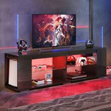 Pinmoco LED TV Stand For TVs Up To 80", Gaming Entertainment Center With Side Bookshelf And 4 Open Shelves, White - Black - View 8