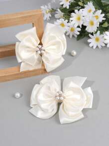 2PCS Elegant Bow Hair Clips For Girls White Satin Haipin For Kids, Pearl Decor Alligator Barrettes Hair Accessories