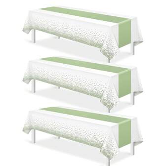 1/3pcs White And Green Tablecloth Decor Set, Plastic White Tablecloth, Printed Green Table Runner, Disposable Rectangular Tablecloth, Suitable For Birthday, Wedding, Anniversary, Graduation Party, 54 X 108 Inches