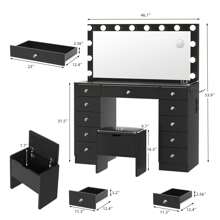 46" Large Vanity Table With Lighted Mirror & Power Outlet, Makeup Vanity Desk With Glass Top, 14-Bulbs Large Mirror, 3-Color Modes & Brightness Adjustable, 11 Drawers For Storage, Come With Soft Stool & Hair Dryer Rack, Vanity Set Gifts For Girls Women, Halloween & Thanksgiving - 黑色 - 查看 6