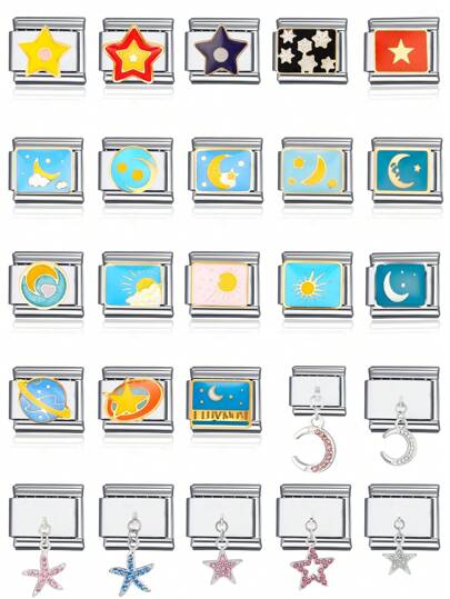 1 件 2025 情人节顶级时尚星星、太阳、月亮、星球 DIY 意大利串珠情侣手链不锈钢珠宝制作配件，适合节日礼物、派对、日常服装配饰