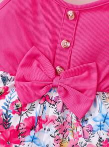 女孩年轻女孩休闲风格玫瑰红色针织吊带拼接花卉数码印花连体裤，适合外出、户外、休闲度假和家居服，夏季 - 玫紅色 - 查看 5