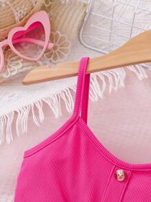 女孩年轻女孩休闲风格玫瑰红色针织吊带拼接花卉数码印花连体裤，适合外出、户外、休闲度假和家居服，夏季 - 玫紅色 - 查看 3