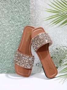 Plus Size Women Student Slip-On Sandals, New Fashion Square Toe Flat Sandals With Rhinestones, Comfortable Soft Sole Slip-On Slippers, Suitable For Dress, Beach, Summer