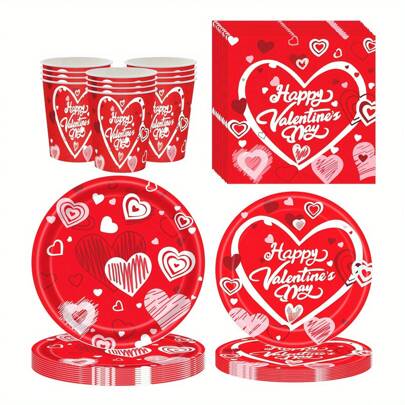 24件套红色纸盘、纸杯、餐巾纸，情人节派对餐盘，心形爱心餐盘，一次性蛋糕甜点餐盘，餐具套装，适用于婚礼、订婚、周年纪念、日常生日、节日、野餐，也适用于学校、办公室和家庭使用。