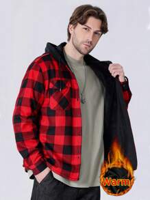 Camisa con capucha de franela engrosada para hombre, abrigo con forro térmico a cuadros de manga larga para el invierno - Rojo - Ver 4