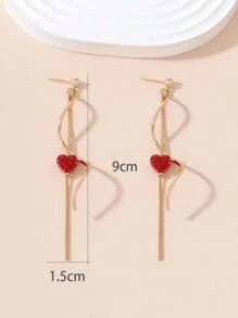 1pair Women's Gorgeous Heart Shaped Spiral & S-Shaped Earrings With Rhinestone & Drop Stone Decoration In Multicolor - Red - View 3