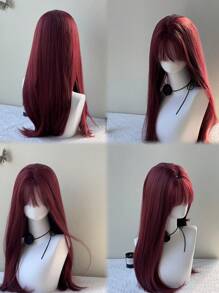 Cosplay Burgundy Long Straight Wig With Bangs 24 Inch Red Hair Synthetic Wigs For Women Fashion Daily Party Halloween Wigs(Accessories Not Included) - Burgundy - View 7