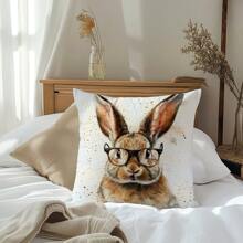 1pc Vintage Glasses Rabbit Pattern Decorative Pillow Cover, Single-Sided Peach Velvet Fabric, 45*45cm/50*50cm Cushion Cover For Modern Sofa, Living Room Decor, Gift