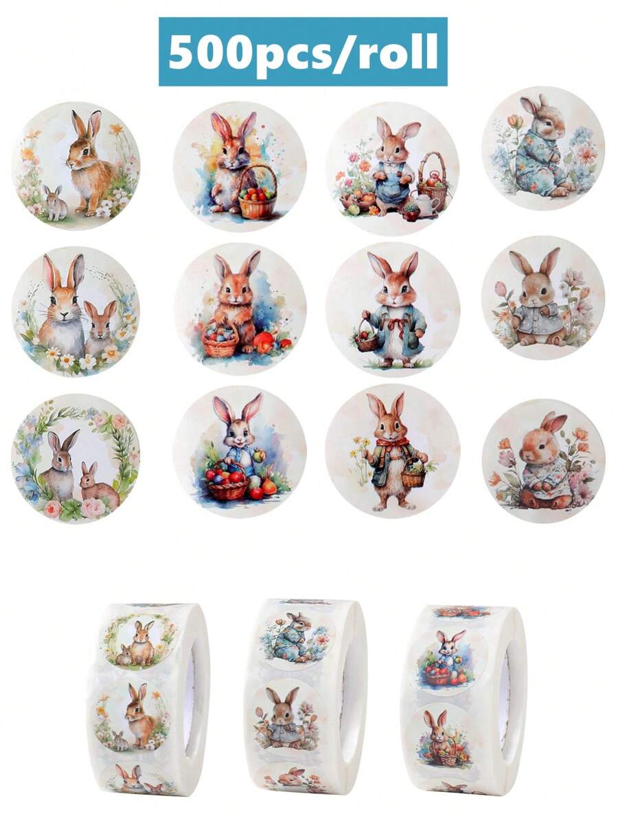 500张/卷复活节兔子礼品包装贴纸，兔子图案糖果礼品袋密封标签节日派对礼品包装用品情人节