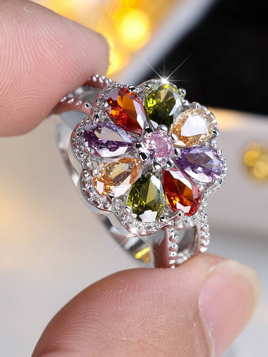Tsnamer 1pc Elegant Floral Rainbow Colorful Cubic Zirconia Ring For Women Girl Daily Party Jewelry Gifts