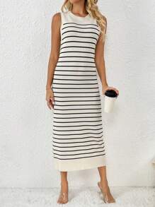 Women's Summer Knit Tank Dress Stripe Print Sleeveless Round Neck Slim Long Dress