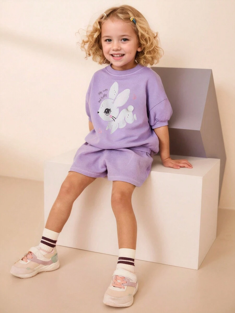 Cute Young Girls 2pcs/Set Cartoon Rabbit Print Summer Children Outfit, Suitable For Daily Wear - Purple - View 1