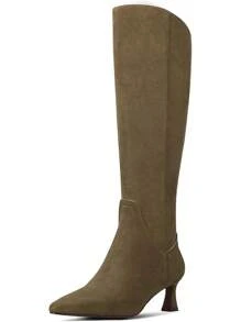MUCCCUTE Knee High Boots For Women Chunky Heel Square Toe With Side Zipper Pull On Tall Fall BotasChristmas - Olive Green Suede-kitten Heel - View 1