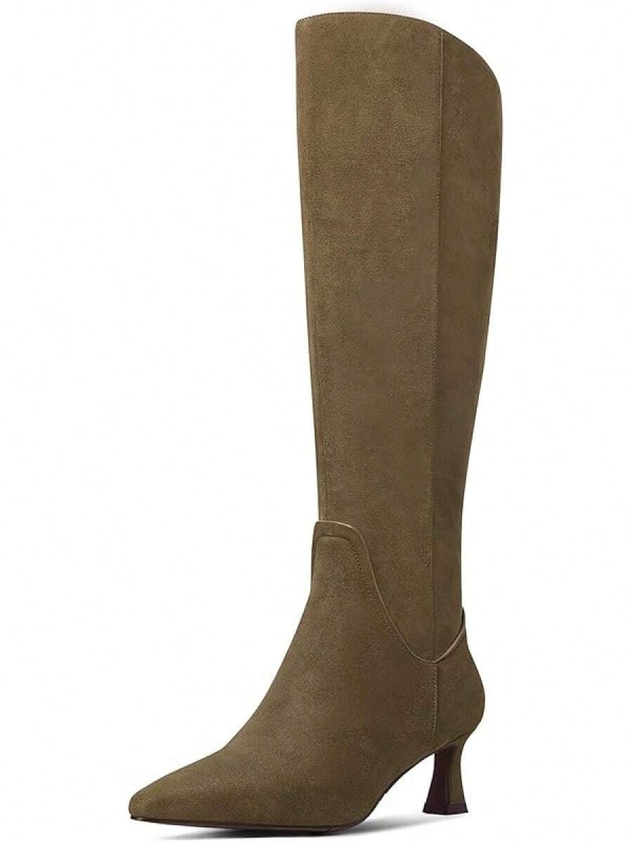 MUCCCUTE Knee High Boots For Women Chunky Heel Square Toe With Side Zipper Pull On Tall Fall BotasChristmas - Olive Green Suede-kitten Heel - View 1