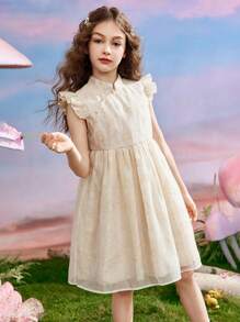 ASK JUNIOR Tween 女童春夏中国风旗袍领扣无袖多层网眼公主裙 - 米色 - 查看 8