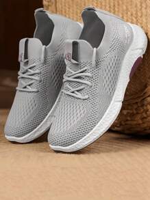 Nuevos zapatos planos para mujer de estilo coreano,  vacaciones de verano al aire libre de ocio con suela suave y moderna,Zapatillas De Deporte De Malla Tejidas,zapatos de playa transpirables con malla tejida,apatos de playa transpirables con malla tejida,vacaciones de verano al aire libre de ocio con suela suave y moderna, - Gris - Ver 2