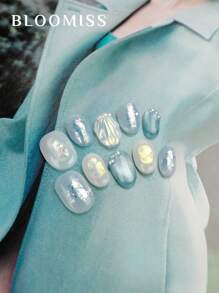 10 Pieces Of Handcrafted Press On Nails Short , Blue Nails , Shell Pattern, Summer Nails, Reusable Fake Nails Nail Supplies Nails